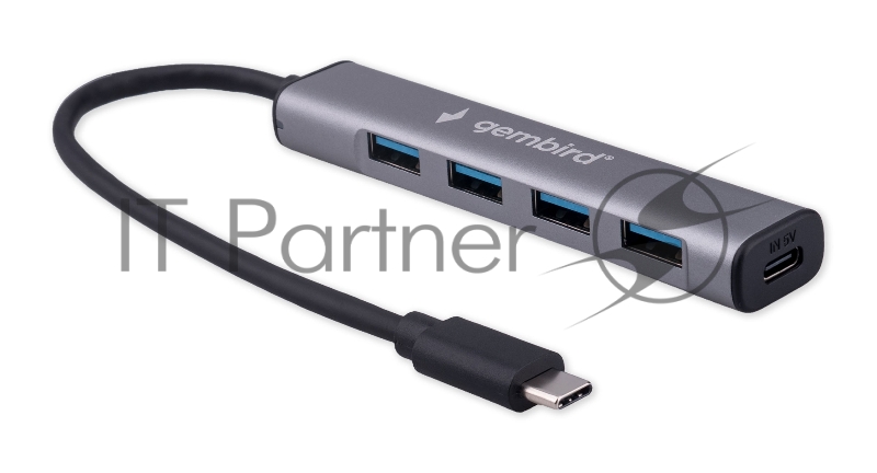 Разветвитель USB3.1 Gembird UHB-C474, 4хUSB, с доп.питанием (порт Type-C), кабель Type-C 19см, алюминий, коробка