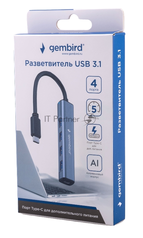 Разветвитель USB3.1 Gembird UHB-C474, 4хUSB, с доп.питанием (порт Type-C), кабель Type-C 19см, алюминий, коробка