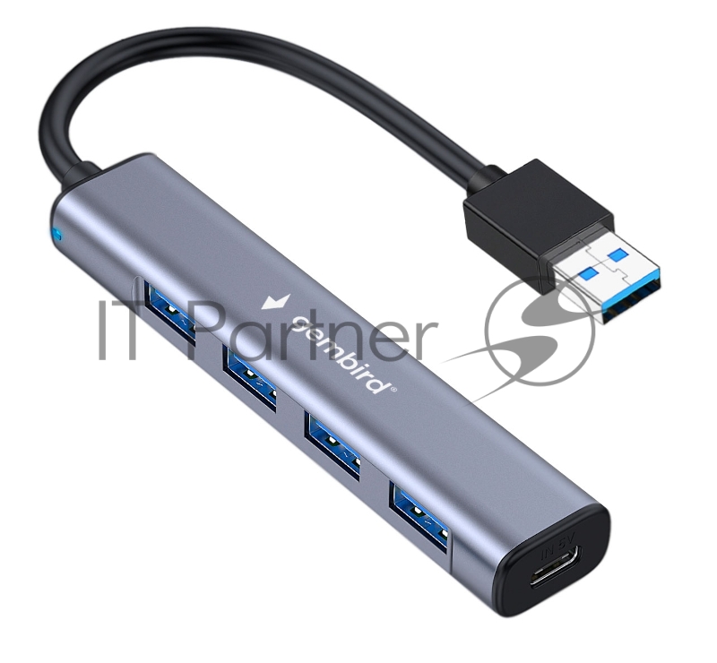 Разветвитель USB3.1 Gembird UHB-C484, 4хUSB, с доп.питанием (порт Type-C), кабель USB 19см, алюминий, коробка