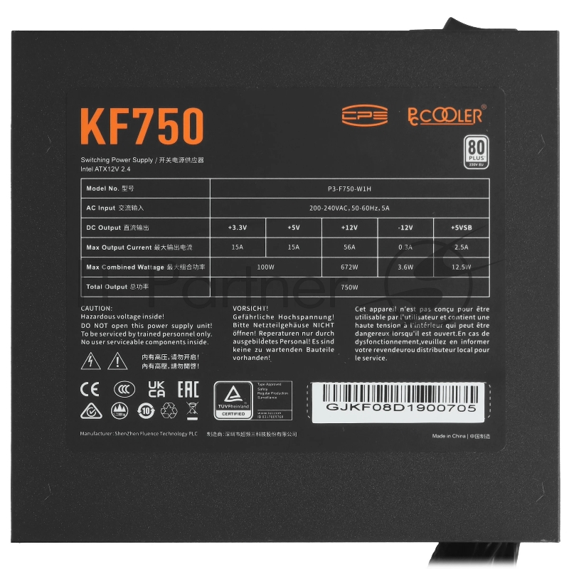 Блоки питания PCCooler KF750, 750W, APFC, 80+, 12cm Fan (P3-F750-W1H)