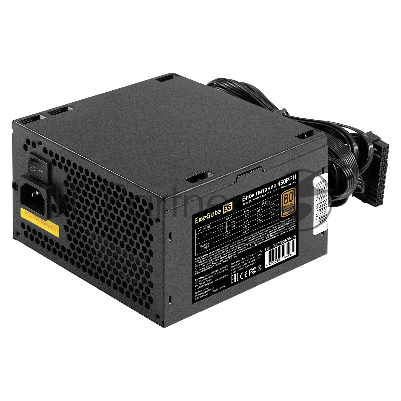 Блок питания 450W ExeGate 80 PLUS® Bronze 450PPH (ATX, APFC, КПД 88% (80 PLUS Bronze), 12cm fan, 24pin, (4+4)pin, 2xPCI-E, 3xSATA, 3xIDE, black, Color Box)