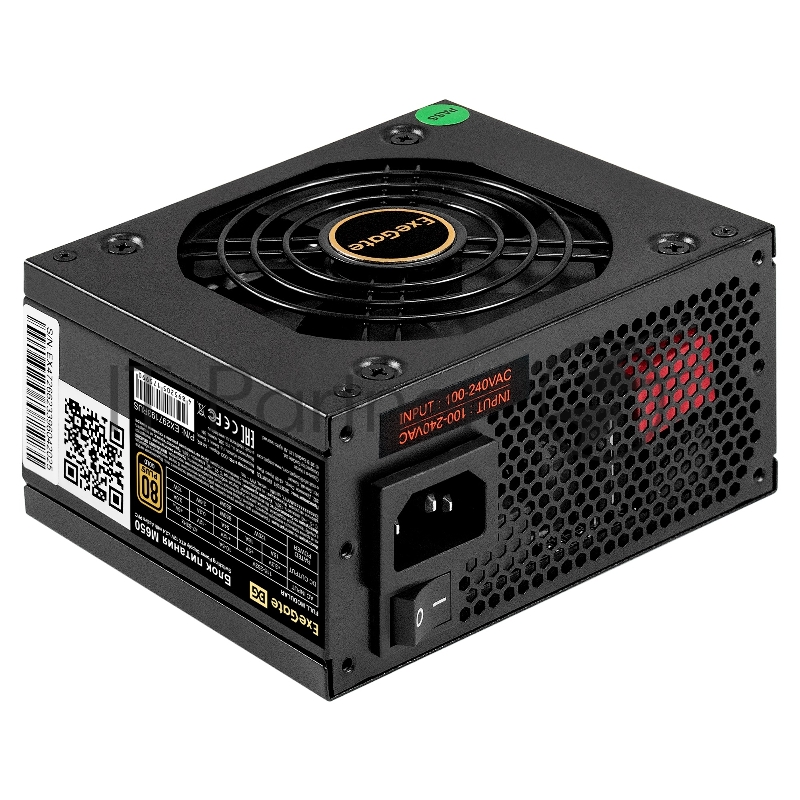 Блок питания 650W ExeGate M650 GOLD (SFX, APFC, КПД 90% (80 PLUS GOLD), 9cm fan, 24pin, (4+4)pin, 2xPCI-E, 6xSATA, 3xIDE, 1xFDD, Full Cable Management, black, ATX adapter, Retail box)