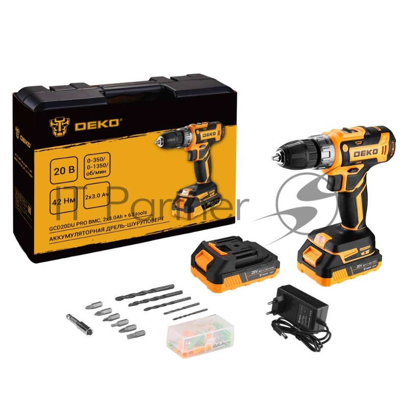 Аккумуляторная дрель-шуруповерт DEKO GCD20DU PRO в кейсе + набор 63 инструмента для дома, 20В, 2х3.0Ач