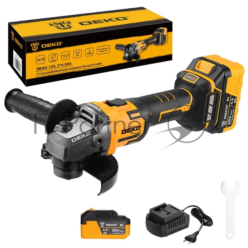 Углошлифовальная машина бесщеточная DEKO DKAG-125, 20В, 2*4.0Ач