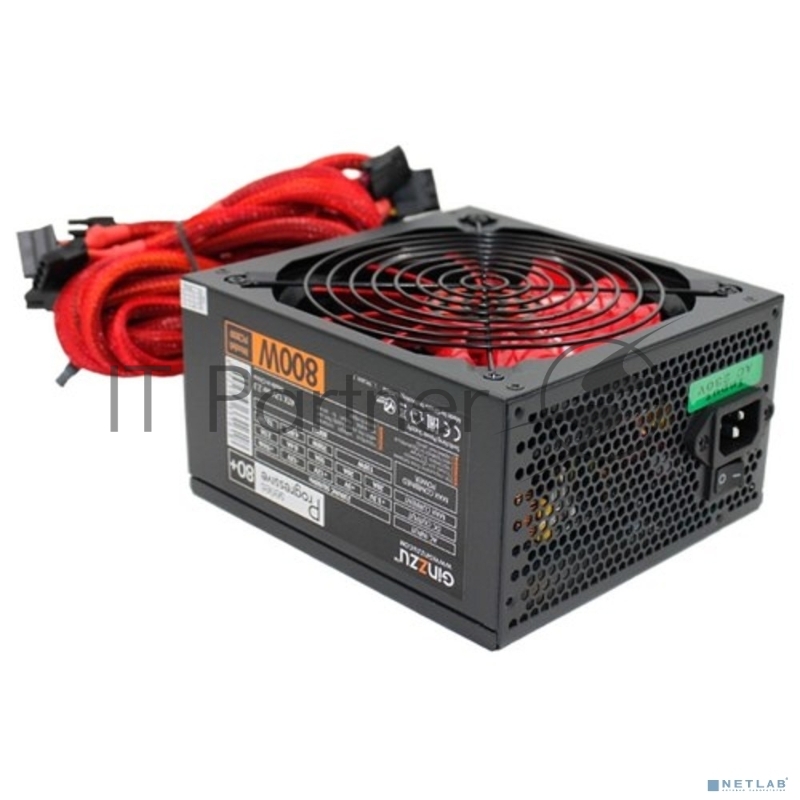 Блок питания Ginzzu PC800 Red, 800Вт, 80 PLUS, 140мм, черный / красный