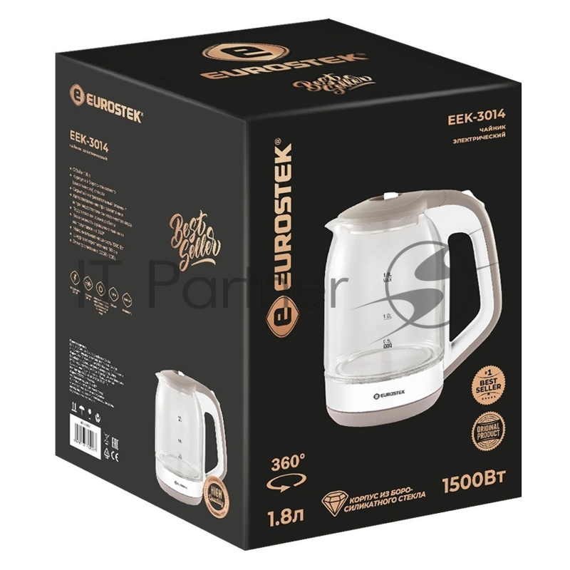Чайник EUROSTEK ЕЕК-3014 белый, 1.8л, 1,5кВт, стекло
