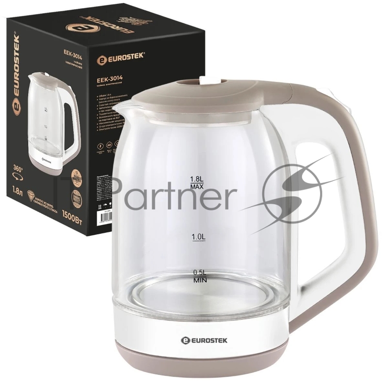 Чайник EUROSTEK ЕЕК-3014 белый, 1.8л, 1,5кВт, стекло