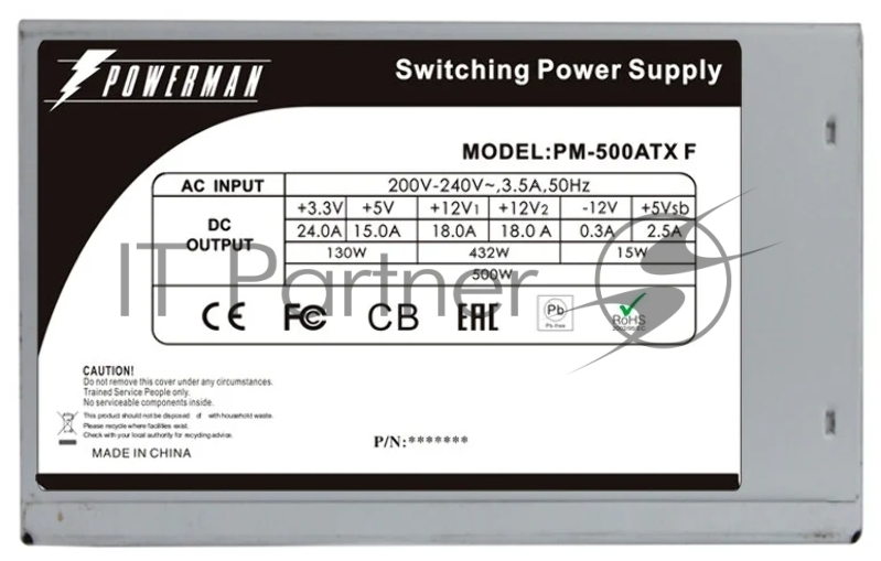 Блок питания PowerMan PM-500ATX-F, 500Вт, 120мм, серый