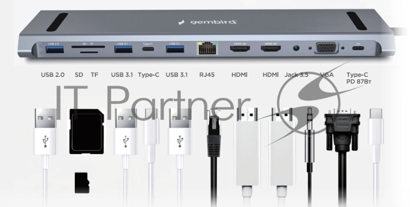 Док-станция Type-C Gembird UHB-D6, 12в1: 2xUSB3.1, USB2.0, RJ45, Type-C PD87W, Jack 3.5, SD/TF, 2xHDMI, VGA, Type-C, кабель 23см, алюминий