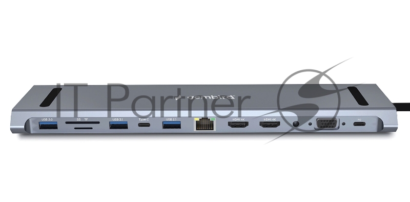 Док-станция Type-C Gembird UHB-D6, 12в1: 2xUSB3.1, USB2.0, RJ45, Type-C PD87W, Jack 3.5, SD/TF, 2xHDMI, VGA, Type-C, кабель 23см, алюминий