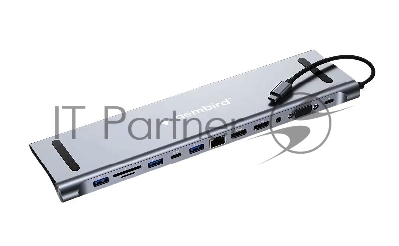 Док-станция Type-C Gembird UHB-D6, 12в1: 2xUSB3.1, USB2.0, RJ45, Type-C PD87W, Jack 3.5, SD/TF, 2xHDMI, VGA, Type-C, кабель 23см, алюминий