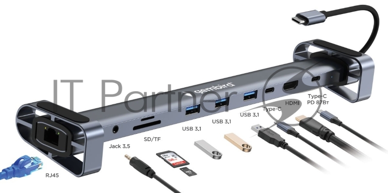 Док-станция Type-C Gembird UHB-D5, 10в1: 3xUSB3.1, Type-C PD87W, Jack 3.5, SD/TF, HDMI, RJ45, Type-C, кабель 14см, алюминий