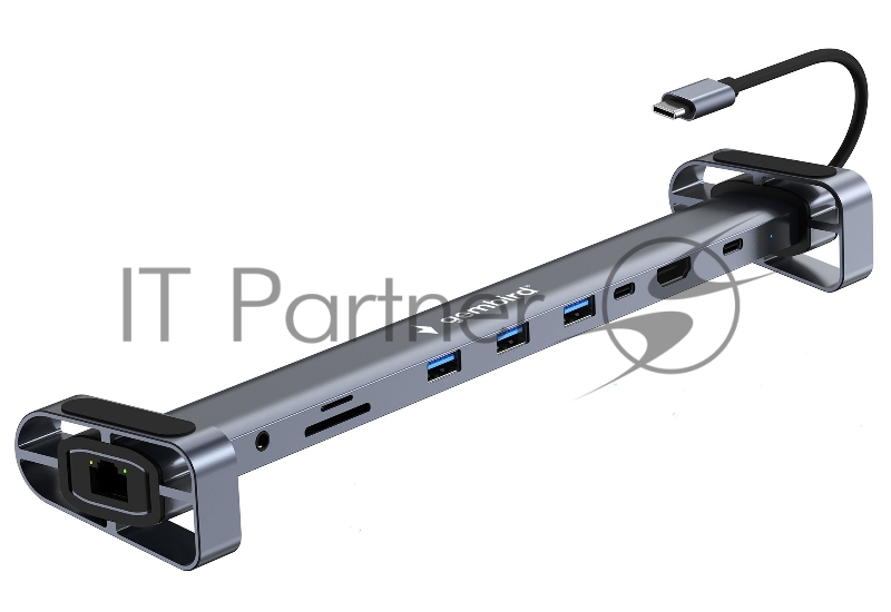 Док-станция Type-C Gembird UHB-D5, 10в1: 3xUSB3.1, Type-C PD87W, Jack 3.5, SD/TF, HDMI, RJ45, Type-C, кабель 14см, алюминий