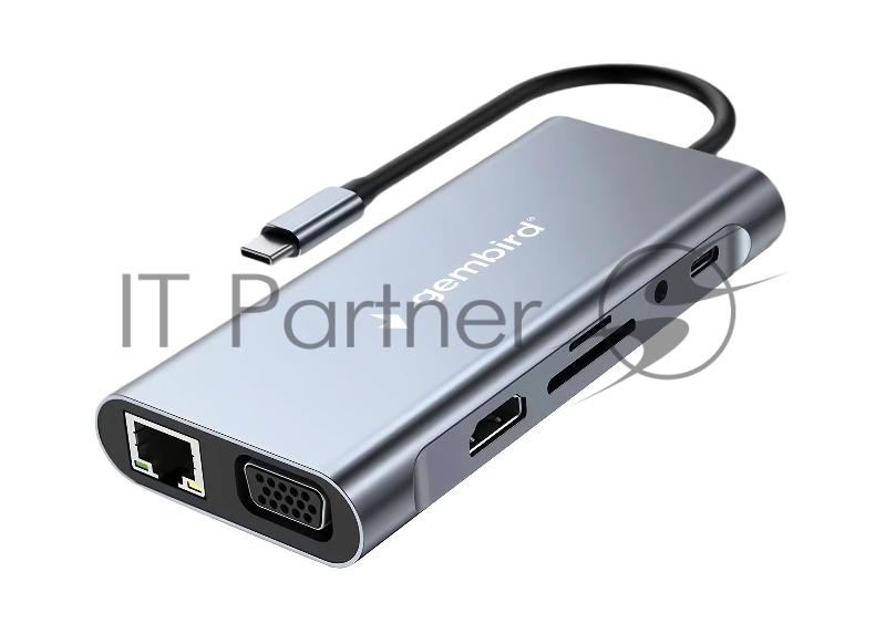 Док-станция Type-C Gembird UHB-D4, 10в1: 3xUSB3.1, Type-C PD87W, Jack 3.5, SD/TF, HDMI, RJ45, VGA, кабель 15см, алюминий