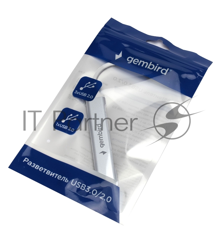 Разветвитель USB3.0/2.0 Gembird UHB-C206, USB3.0, 3xUSB2.0, кабель USB 10см, серебристый металл, пакет