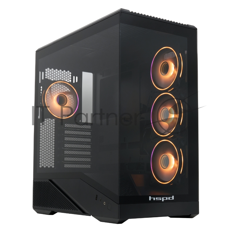 Корпус без блока питания HSPD F711-TGBK-ARGB, Panoramic Full Tower, Black, TG, 0.7 SPCC, 4x120mm ARGB ATX, mATX, mITX 190/420/280mm 2x2.5, 2x3.5, 7xPCI 1xUSB-A 3.0, 1xUSB-C 445x235x475mm