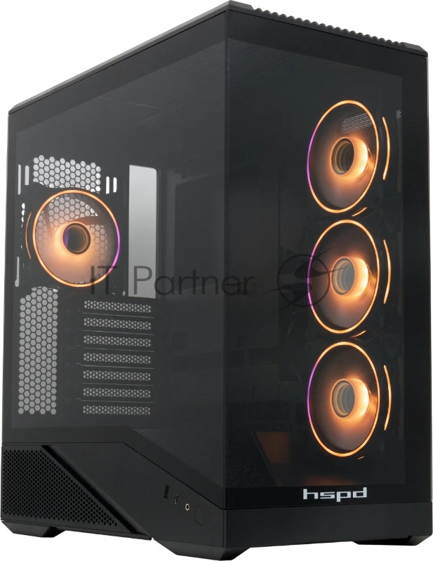 Корпус без блока питания HSPD F711-TGBK-ARGB, Panoramic Full Tower, Black, TG, 0.7 SPCC, 4x120mm ARGB ATX, mATX, mITX 190/420/280mm 2x2.5, 2x3.5, 7xPCI 1xUSB-A 3.0, 1xUSB-C 445x235x475mm