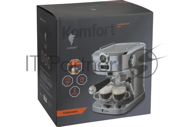 Кофеварка рожковая LEONORD LE-1753 Pro (108136) стальной, исп. кофе - молотый, 1,2 л, 1360 Вт, 20 бар