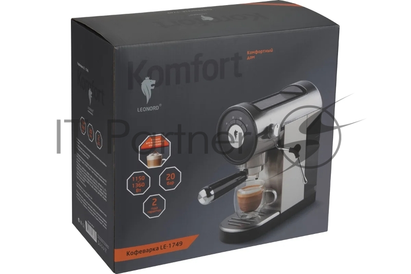 Кофеварка рожковая LEONORD LE-1749 (108134) черный/стальной, исп. кофе - молотый, 0,8 л, 1360 Вт, 20 бар