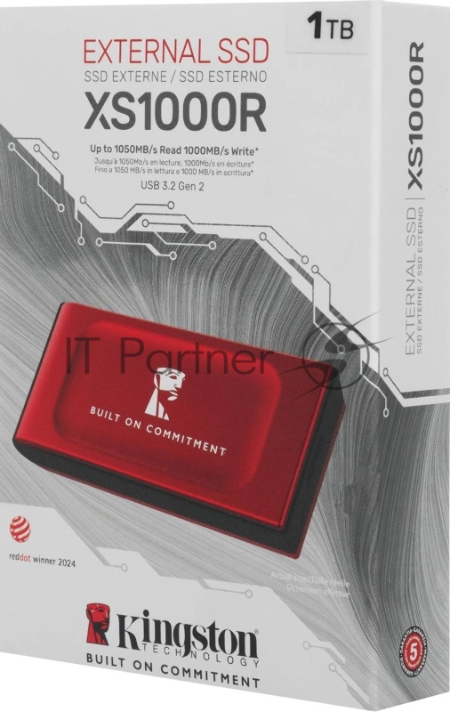 Твердотельный накопитель/ Kingston External SSD XS1000R BOC, 1000GB, Type-C/A, USB 3.2 Gen 2, R/W 1050/1000MB/s, 70x33x14mm, 69g., Red (60 мес)