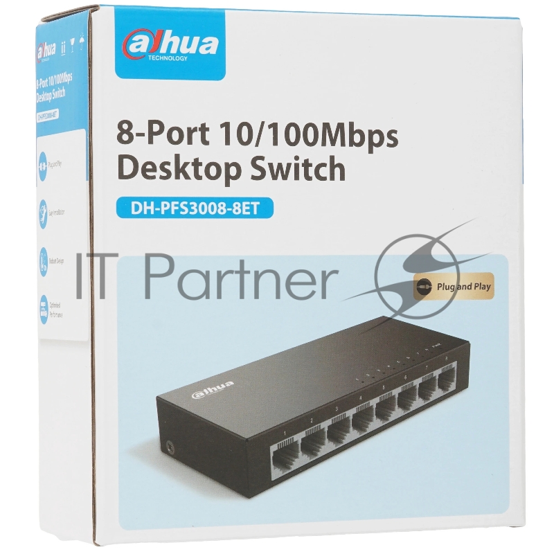 Коммутатор 8-в-1 Dahua DH-PFS3008-8ET /8 портов до 1000 Мбит.с/коммутация до 1.6 Гбит.с/неуправляемый/Plug & Play/черный (DH-PFS3008-8ET)