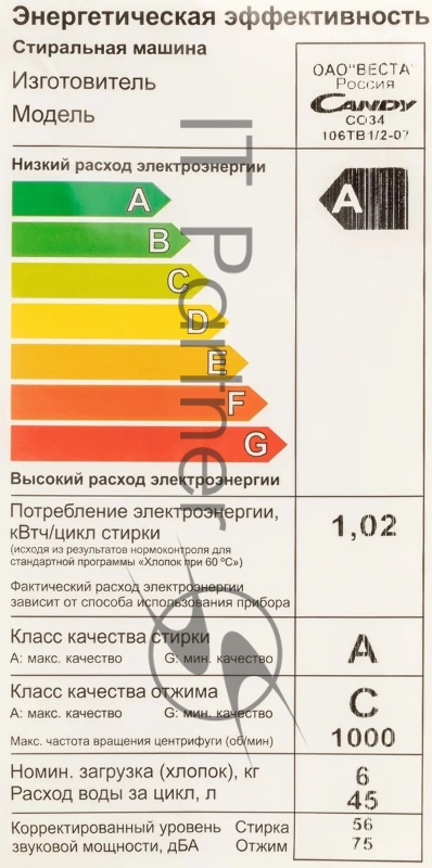 Стиральная машина Candy Smart Pro CSO34 106TB1/2-07 белый, загрузка фронтальная 6 кг, 1000 об/мин., класс: А