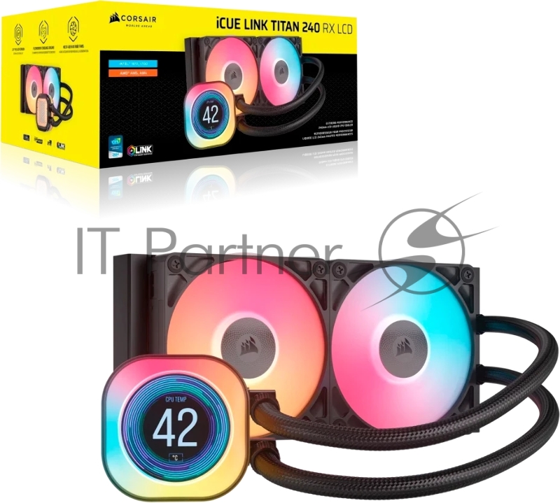 Система жидкостного охлаждения Corsair iCUE LINK TITAN 240 RX LCD (240mm, Black, RGB/ Fans: 2x120mm, 73.5CFM, 36dBA, 2100RPM/ S: 1851, 1700, AM5, AM4)