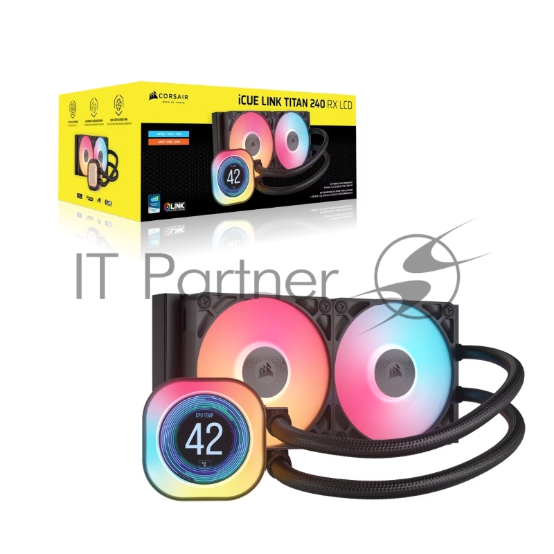 Система жидкостного охлаждения Corsair iCUE LINK TITAN 240 RX LCD (240mm, Black, RGB/ Fans: 2x120mm, 73.5CFM, 36dBA, 2100RPM/ S: 1851, 1700, AM5, AM4)