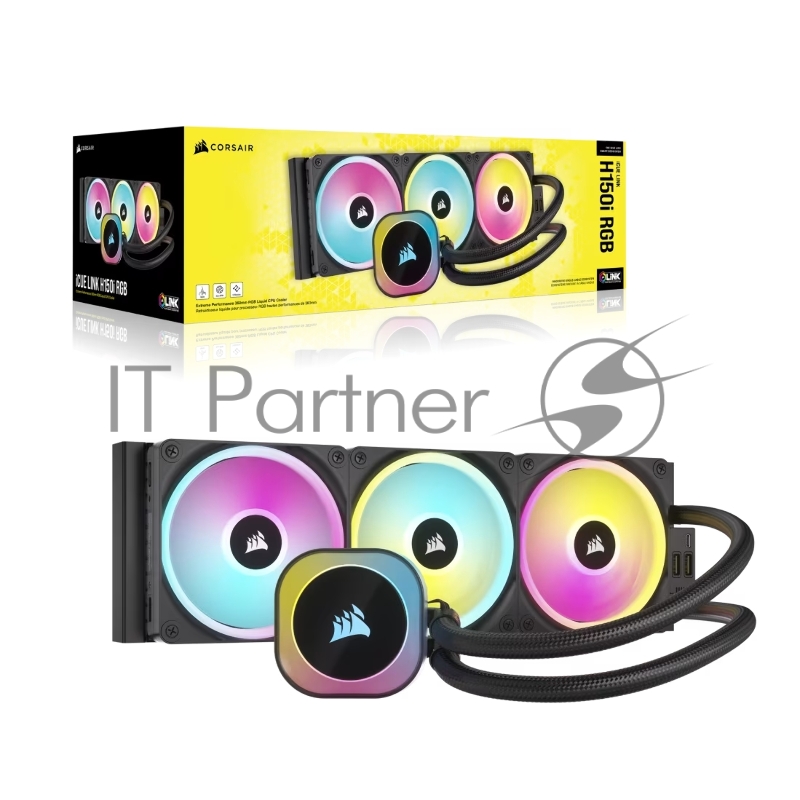 Система жидкостного охлаждения Corsair iCUE LINK H150i RGB (360mm, Black, RGB/ Fans: 3x120mm, 63.1CFM, 37dBA, 2400RPM/Rad thickness 27mm/ S: 1851, 1700, 1200, 115X, AM5, AM4)
