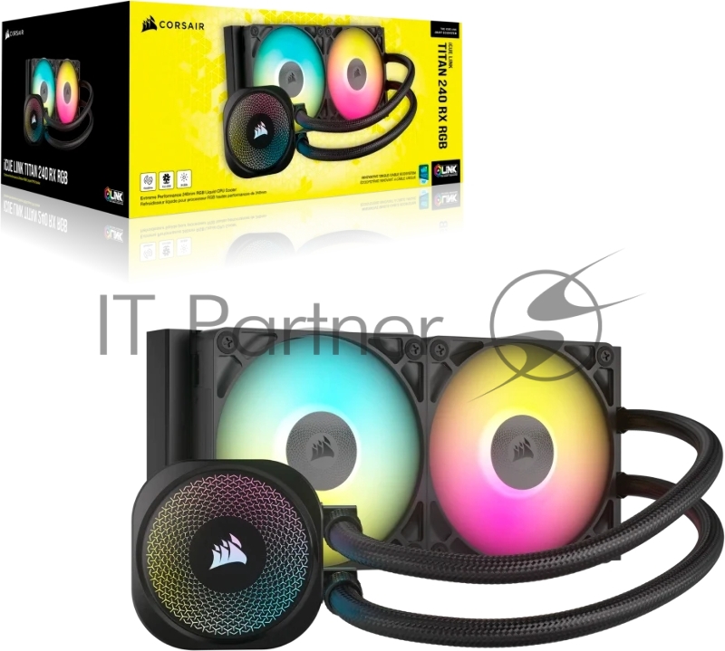 Система жидкостного охлаждения Corsair iCUE LINK TITAN 240 RX RGB (240mm, Black, RGB/ Fans: 2x120mm, 73.5CFM, 36dBA, 2100RPM/ S: 1851, 1700, AM5, AM4)