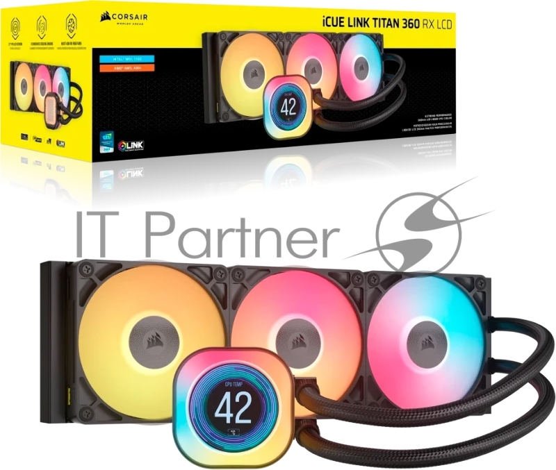 Система жидкостного охлаждения Corsair iCUE LINK TITAN 360 RX LCD (360mm, Black, RGB/ Fans: 3x120mm, 73.5CFM, 36dBA, 2100RPM/ S: 1851, 1700, AM5, AM4)