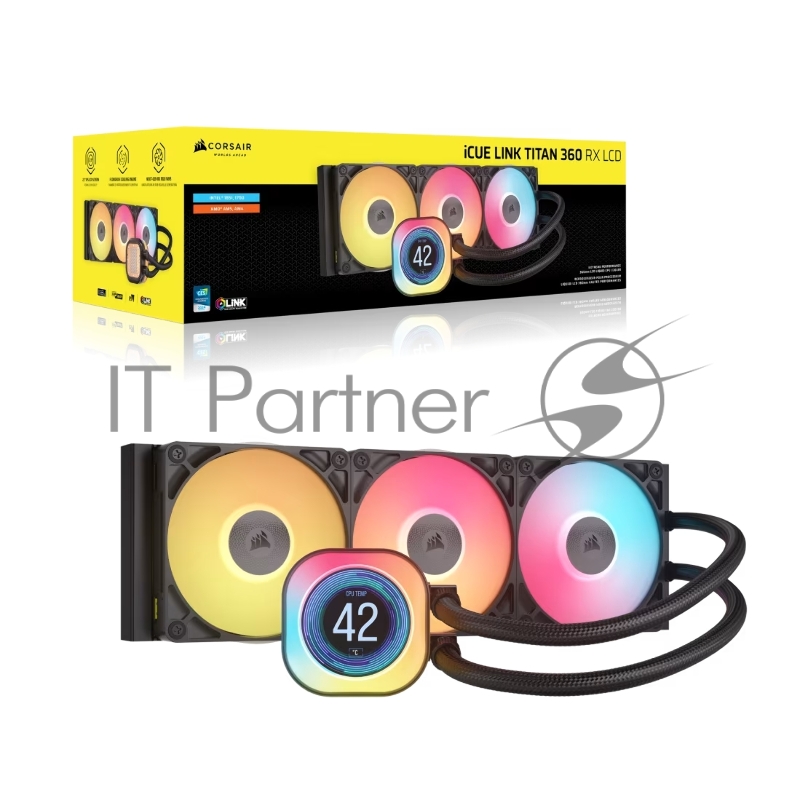 Система жидкостного охлаждения Corsair iCUE LINK TITAN 360 RX LCD (360mm, Black, RGB/ Fans: 3x120mm, 73.5CFM, 36dBA, 2100RPM/ S: 1851, 1700, AM5, AM4)