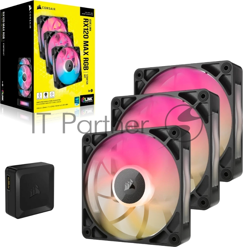 Кулер для корпуса Corsair iCUE LINK RX120 MAX RGB (120x120x30mm, 4-pin PWM, RGB, 71.3CFM, 29.5dBA, 2000RPM, Black, 3pcs)
