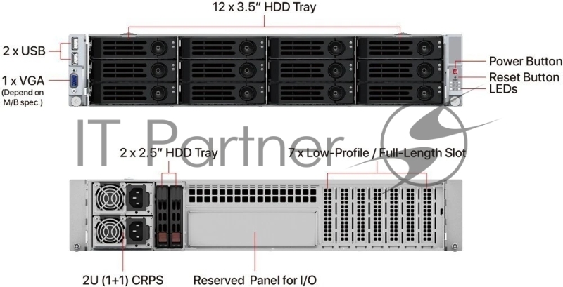 Серверный корпус Ablecom 2U chassis E-ATX, ATX, Micro-ATX, Mini-ITX MBs 12 x 3.5 hs 1200W CRPS(1+1) no rails
