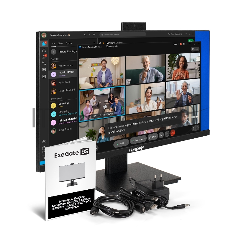 Монитор со встроенной веб-камерой 23.8 ExeGate SuperView EA2400 (IPS LED Grade A+, FHD, 1920x1080@75Гц, 16:9, 250cd/m2, 1000:1, 178°/178°, 5ms, D-Sub, HDMI, FHD веб-камера 2MP, микрофон, Flicker-free, Low Blue Light, кабель HDMI 1.5м, VESA 100x100, р