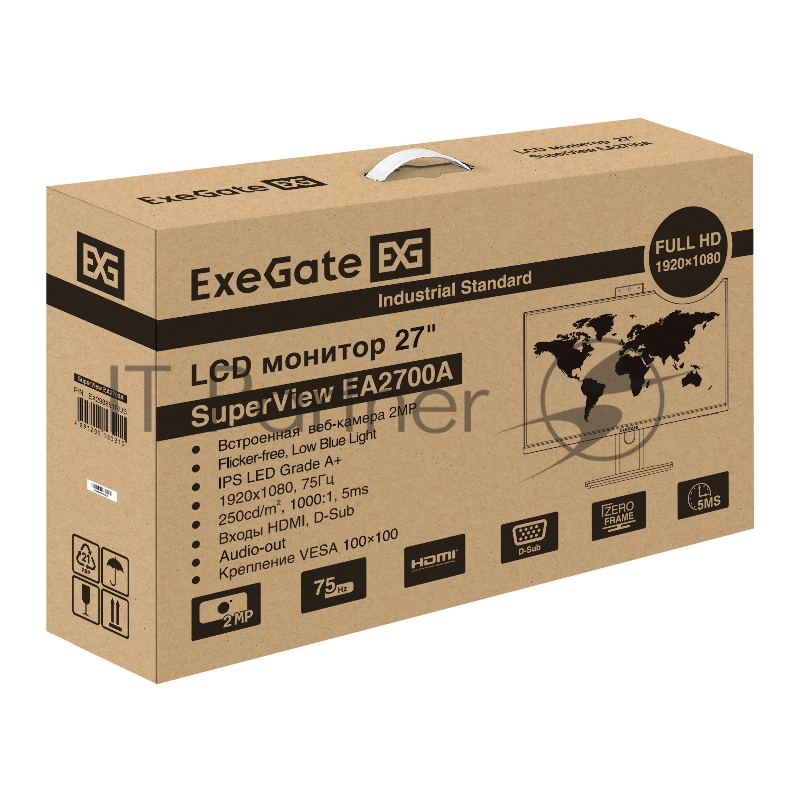 Монитор со встроенной веб-камерой и аудио выходом 27 ExeGate SuperView EA2700A (IPS LED Grade A+, FHD, 1920x1080@75Гц, 16:9, 250cd/m2, 1000:1, 178°/178°, 5ms, D-Sub, HDMI, audio-out, FHD веб-камера 2MP, микрофон, Flicker-free, Low Blue Light, кабель