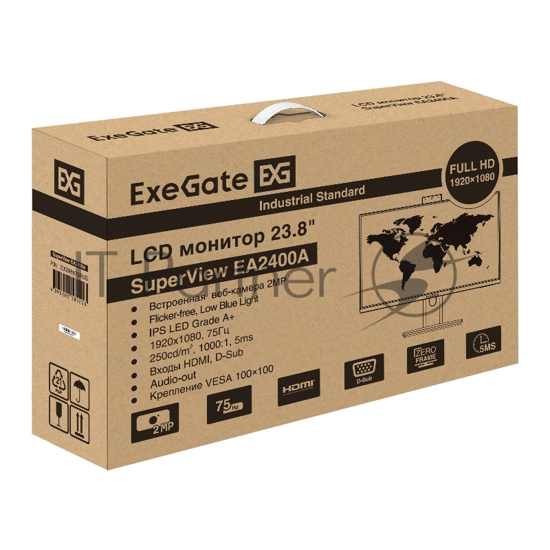 Монитор со встроенной веб-камерой и аудио выходом 23.8 ExeGate SuperView EA2400A (IPS LED Grade A+, FHD, 1920x1080@75Гц, 16:9, 250cd/m2, 1000:1, 178°/178°, 5ms, D-Sub, HDMI, audio-out, FHD веб-камера 2MP, микрофон, Flicker-free, Low Blue Light, кабел