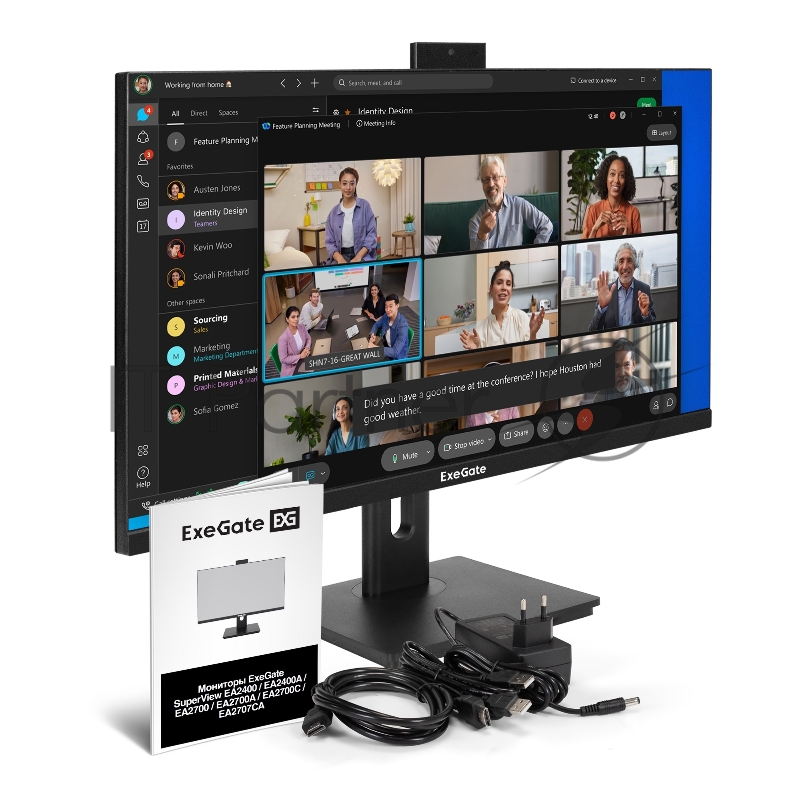 Монитор со встроенной веб-камерой и аудио 27 WQHD ExeGate SuperView EA2707CA (IPS LED Grade A+, 2560x1440@75Гц (WQHD), 16:9, 250cd/m2, 1000:1, 178°/178°, 5ms, Speakers, HDMI2.0, DisplayPort, USB, audio-out, FHD веб-камера 2MP, микрофон, Flicker-free,
