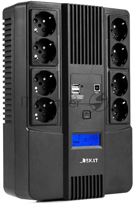 Источник бесперебойного питания Бастион SKAT-UPS 800-AID-IN-1x9-8 ИБП 220В 480Вт, LCD, АКБ 1x 9Ач, line interactive, мод.синус, 8хSchuko,2xUS (8933)