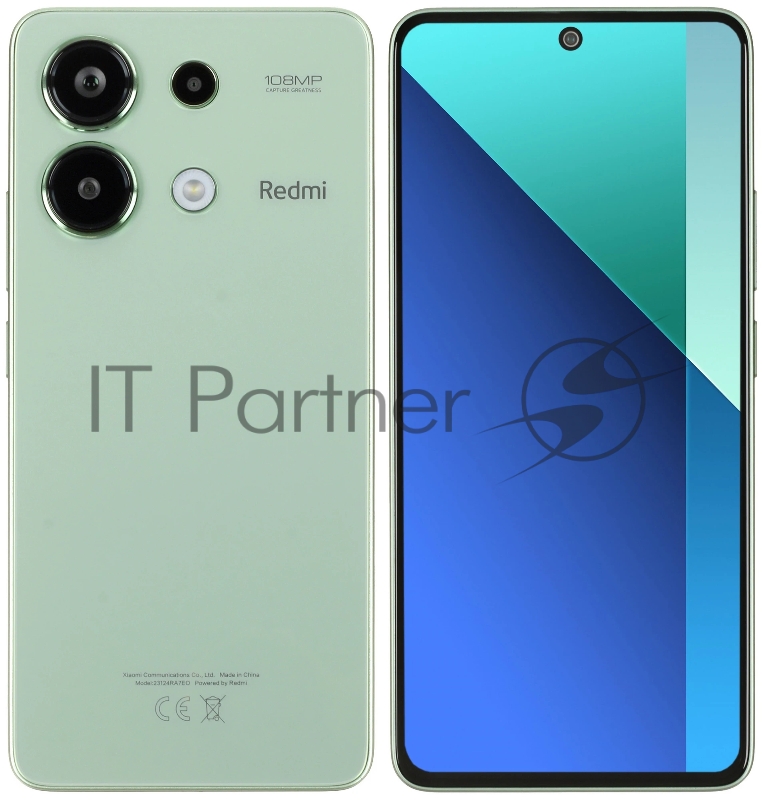 Смартфон Redmi Note 13 Mint Green (23124RA7EO), 16,9 cm (6.67) 20:9 2400 x 1080, 4 x 2.8 ГГц + 4 x 1.9 ГГц, 8 Core, 8 GB, 128 GB, 108 МП+ 8 МП + 2 МП/16Mpix, 2 Sim, BL v5.1, Wi-Fi, NFC, GPS / A-GPS, ГЛОНАСС, Galileo, Beidou, Type-C, 5000 mAh, 188g, 1