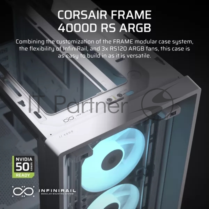 Корпус без блока питания Corsair Frame 4000D RS ARGB, Midi-Tower, TG, 3x120mm ARGB, 2xUSB-A 3.2, 1xUSB 3.2 Type-C, E-ATX, ATX, mATX, mITX White