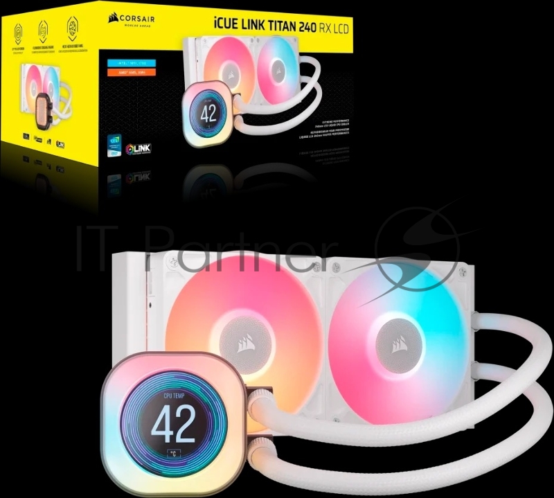 Система жидкостного охлаждения Water Cooling System Corsair iCUE LINK TITAN 240 RX LCD (240mm, White, RGB/ Fans: 2x120mm, 73.5CFM, 36dBA, 2100RPM/ S: 1851, 1700, AM5, AM4)