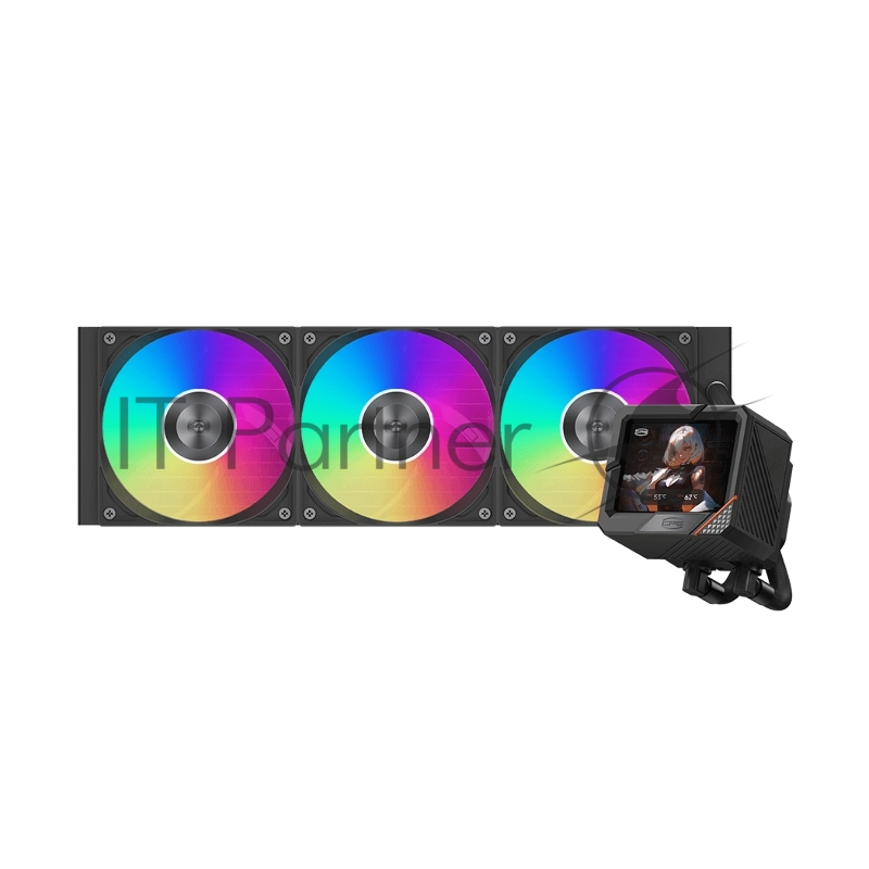 Система жидкостного охлаждения Water Cooling System PCCooler GT360 ARGB Display BK (310W, 360mm, LED temp., Black, ARGB/ Fans: 3x120mm, 99CFM, 41.5dBA, 3000RPM/ Pump height 85mm, 15dBA, 2600RPM, Rad thickness 27mm/ S: 1851, 1700, 1200, 115X, AM5, AM4