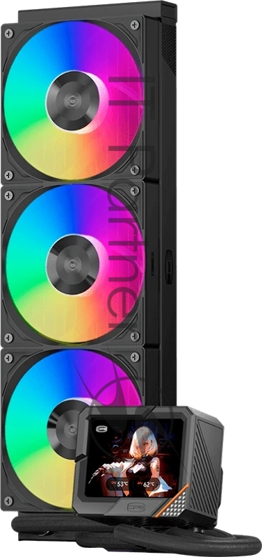 Система жидкостного охлаждения Water Cooling System PCCooler GT360 ARGB Display BK (310W, 360mm, LED temp., Black, ARGB/ Fans: 3x120mm, 99CFM, 41.5dBA, 3000RPM/ Pump height 85mm, 15dBA, 2600RPM, Rad thickness 27mm/ S: 1851, 1700, 1200, 115X, AM5, AM4