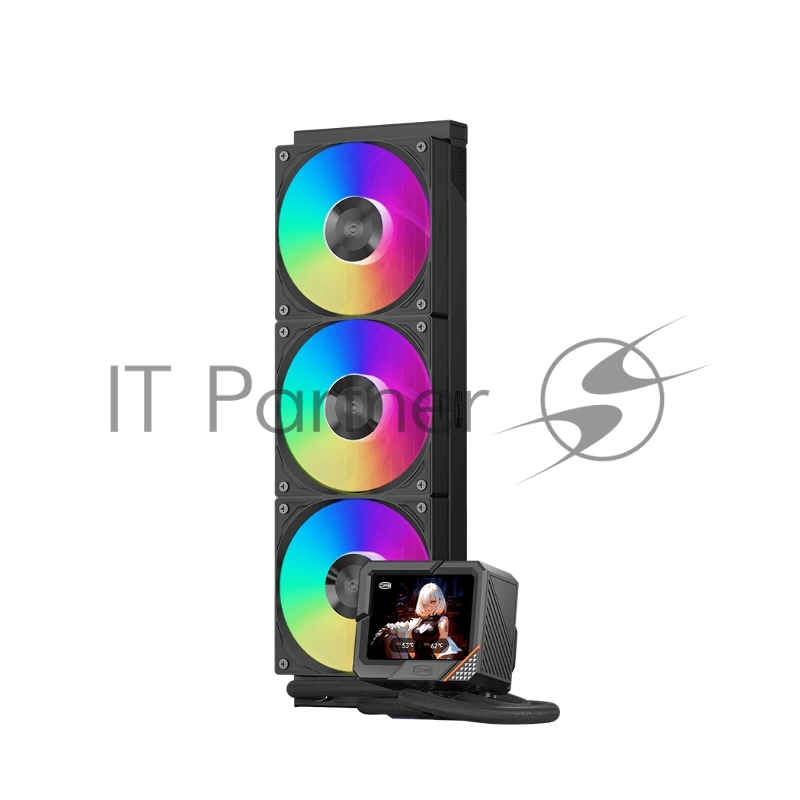 Система жидкостного охлаждения Water Cooling System PCCooler GT360 ARGB Display BK (310W, 360mm, LED temp., Black, ARGB/ Fans: 3x120mm, 99CFM, 41.5dBA, 3000RPM/ Pump height 85mm, 15dBA, 2600RPM, Rad thickness 27mm/ S: 1851, 1700, 1200, 115X, AM5, AM4