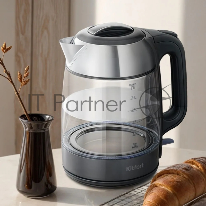 Чайник электрический Kitfort КТ-6762 3л. 2000Вт серый/серебристый корпус: стекло/металл/пластик