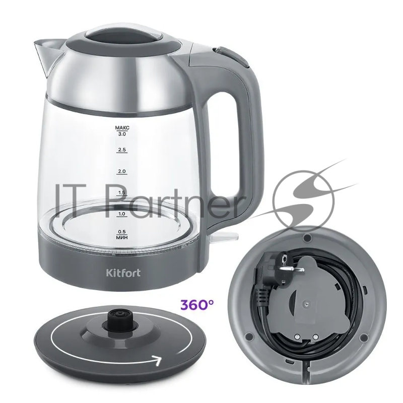Чайник электрический Kitfort КТ-6762 3л. 2000Вт серый/серебристый корпус: стекло/металл/пластик