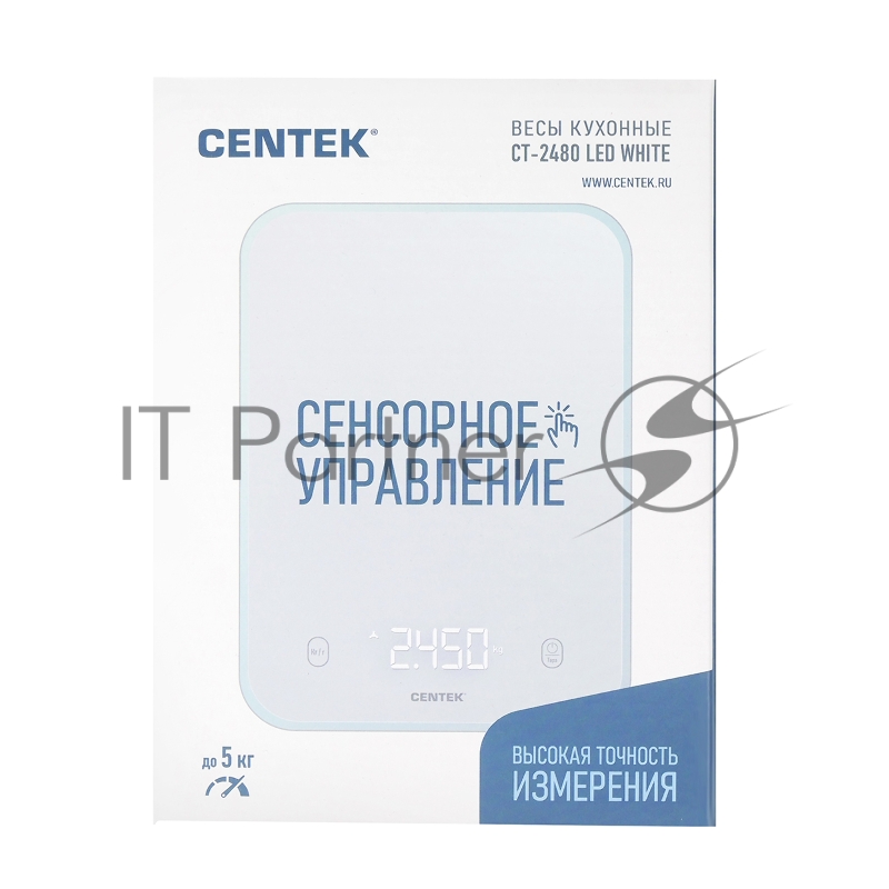 Кухонные весы Centek CT-2480 LED WHITE, сенсор, 150х15х205мм, max 5кг, шаг 1г, Авто Ноль/Выкл