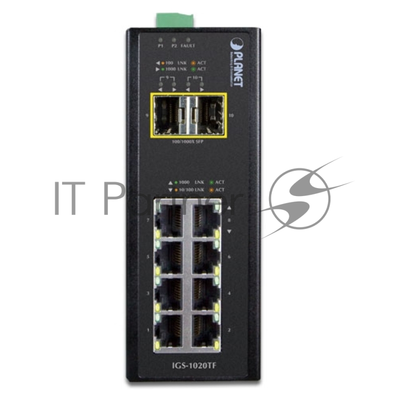 Коммутатор PLANET IP30 Industrial 8-Port 10/100/1000T + 2-Port 100/1000X SFP Ethernet Switch (-40~75 degrees C)
