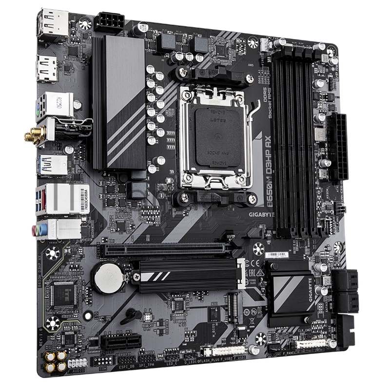 Материнская плата Gigabyte B650M D3HP AX (V1.2), AM5, AMD B650, 4xDDR5, 4xSATA, 2xM.2, 1xPCI-E 4.0 x16, 1xPCI-E 4.0 x1, 3xUSB-A 3.2 Gen 1, 1xUSB-C 3.2 Gen 2, 1x 2.5Gb LAN, 3x3.5 мм, 7.1, Micro-ATX